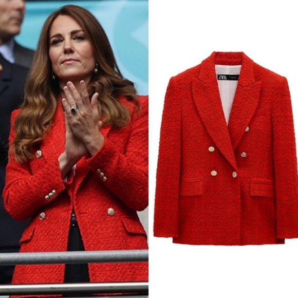 ZARA TEXTURED TWEED DOUBLE-BREASTED RED BLAZER size S - Picture 1 of 16